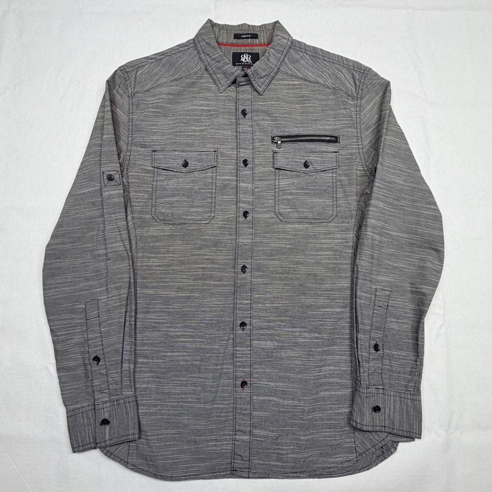 Rock & Republic Black & White Pincord Striped Button Up Shirt Zipper Pocket Sz M